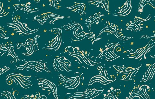 create an image of waves illustrations and surf emojis randomly on the canva, dimensions of pc wallpaper, the background color of the image is #00384A, the illustartions color is #F4F7EE (1)