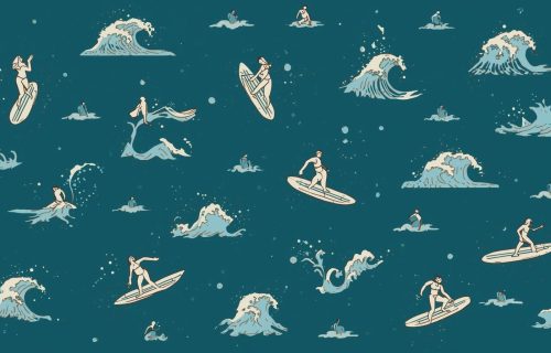 create an image of waves illustrations and surf emojis randomly on the canva, dimensions of pc wallpaper, the background color of the image is #00384A, the illustartions color is #F4F7EE
